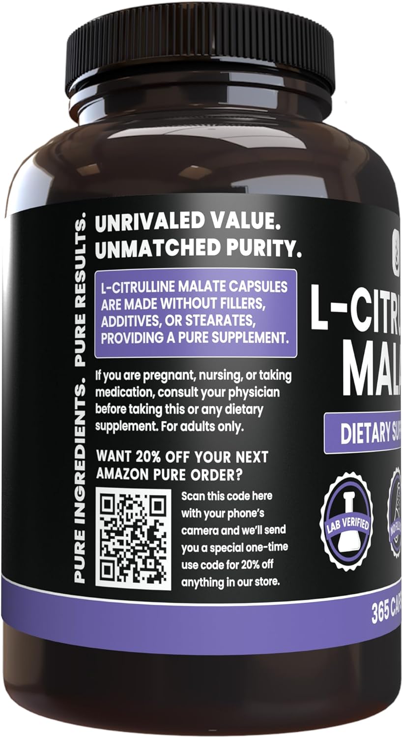 365 Capsules of Pure L-Citrulline DL-Malate 2:1 with No Magnesium or Rice Fillers - Lab Verified Quality