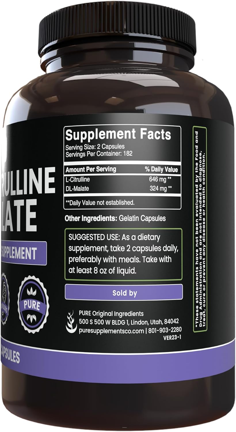 365 Capsules of Pure L-Citrulline DL-Malate 2:1 with No Magnesium or Rice Fillers - Lab Verified Quality