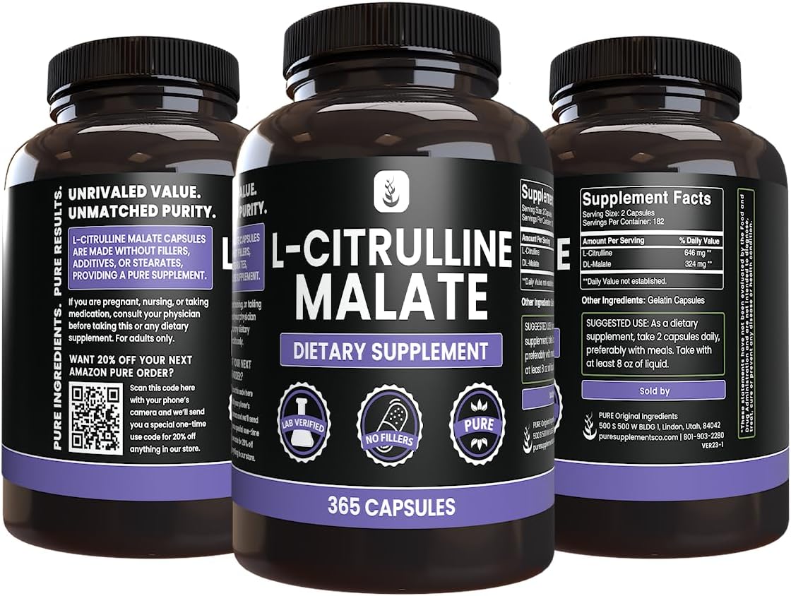 365 Capsules of Pure L-Citrulline DL-Malate 2:1 with No Magnesium or Rice Fillers - Lab Verified Quality