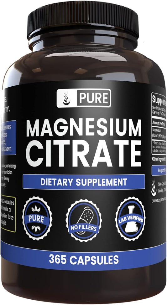 365 Capsules of Pure Magnesium Citrate with Original Ingredients - No Fillers, Lab Verified