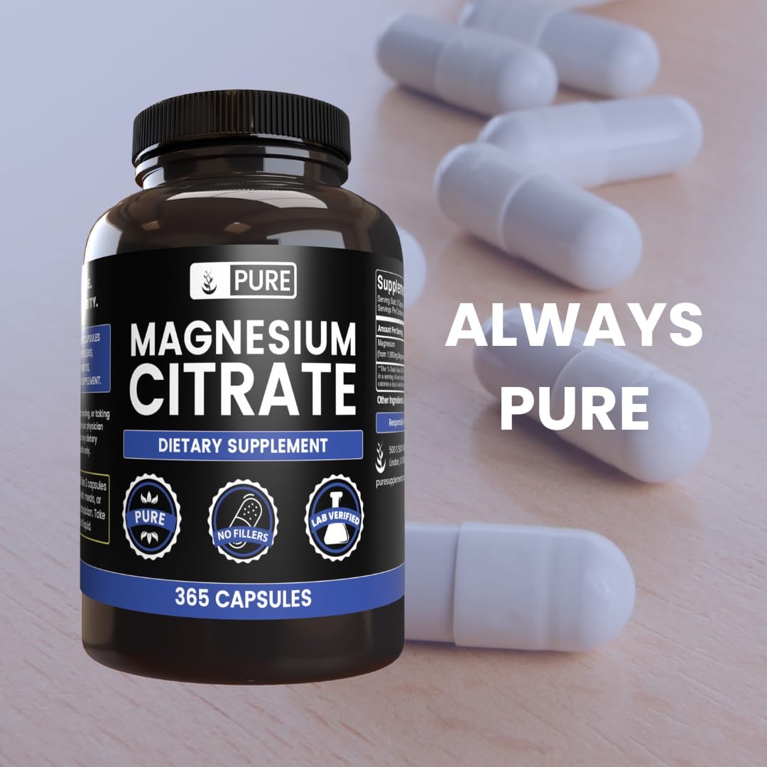 365 Capsules of Pure Magnesium Citrate with Original Ingredients - No Fillers, Lab Verified