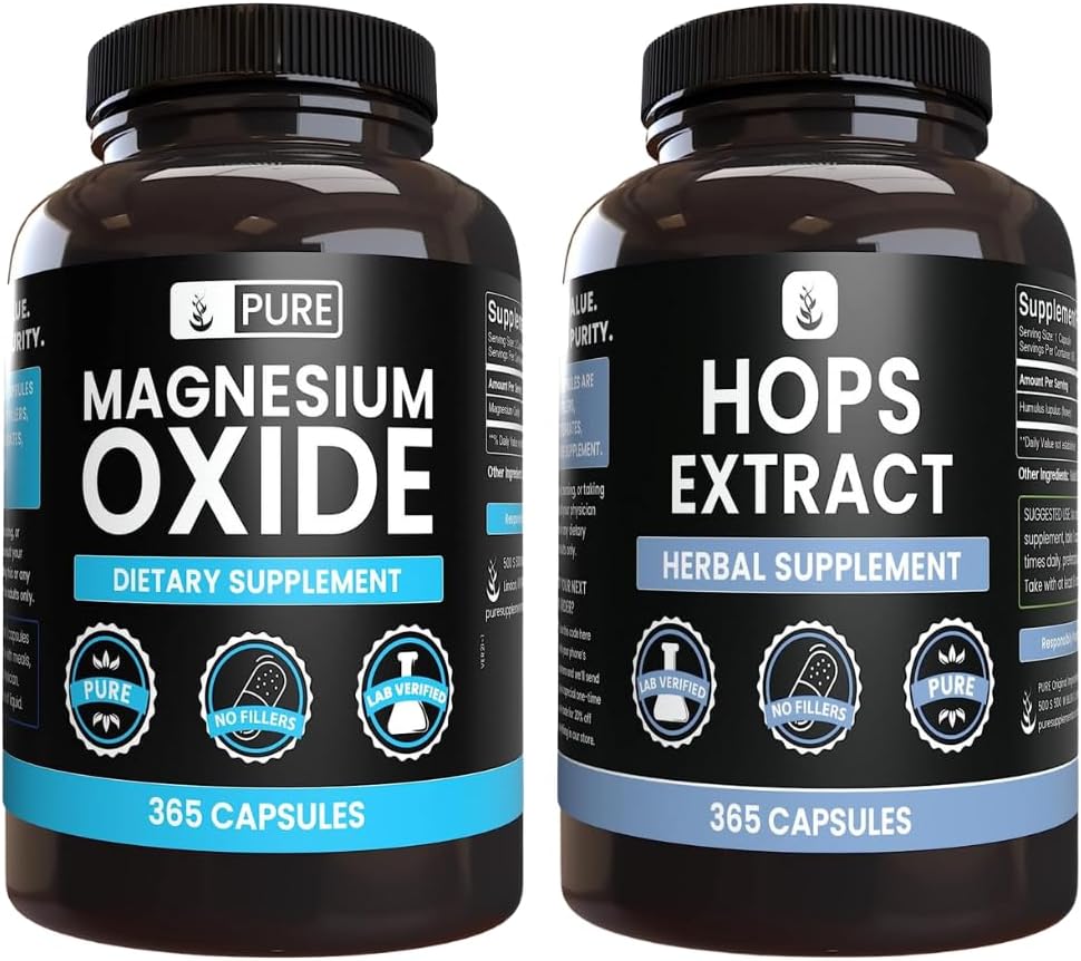 365 Capsules of Pure Magnesium Oxide and Hops Extract, No Fillers, Original Ingredients, Bundle