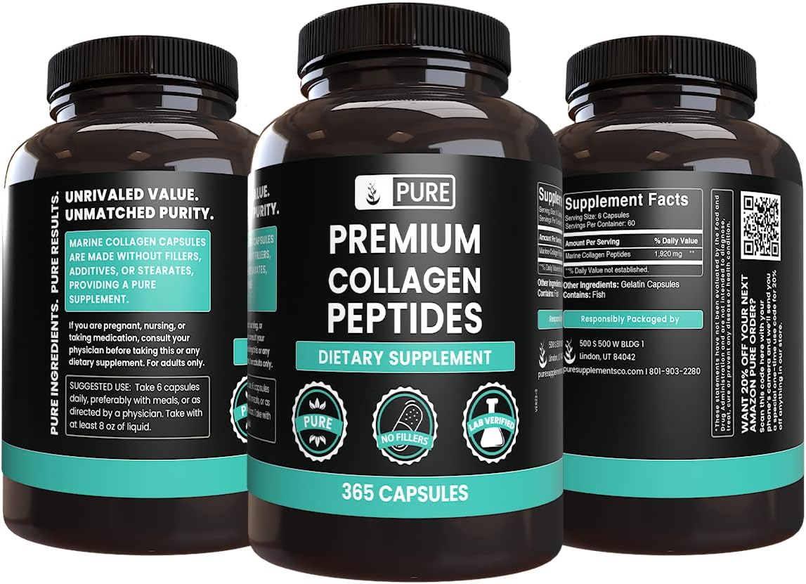 365 Capsules of Pure Marine Collagen with Original Ingredients, No Magnesium or Rice Fillers - Lab Verified
