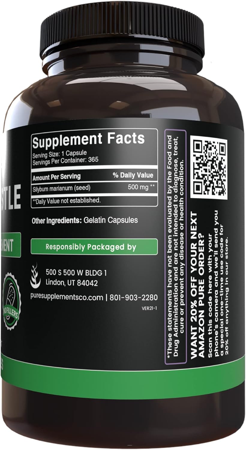 365 Capsules of Pure Milk Thistle, No Magnesium or Rice Fillers, Lab Verified