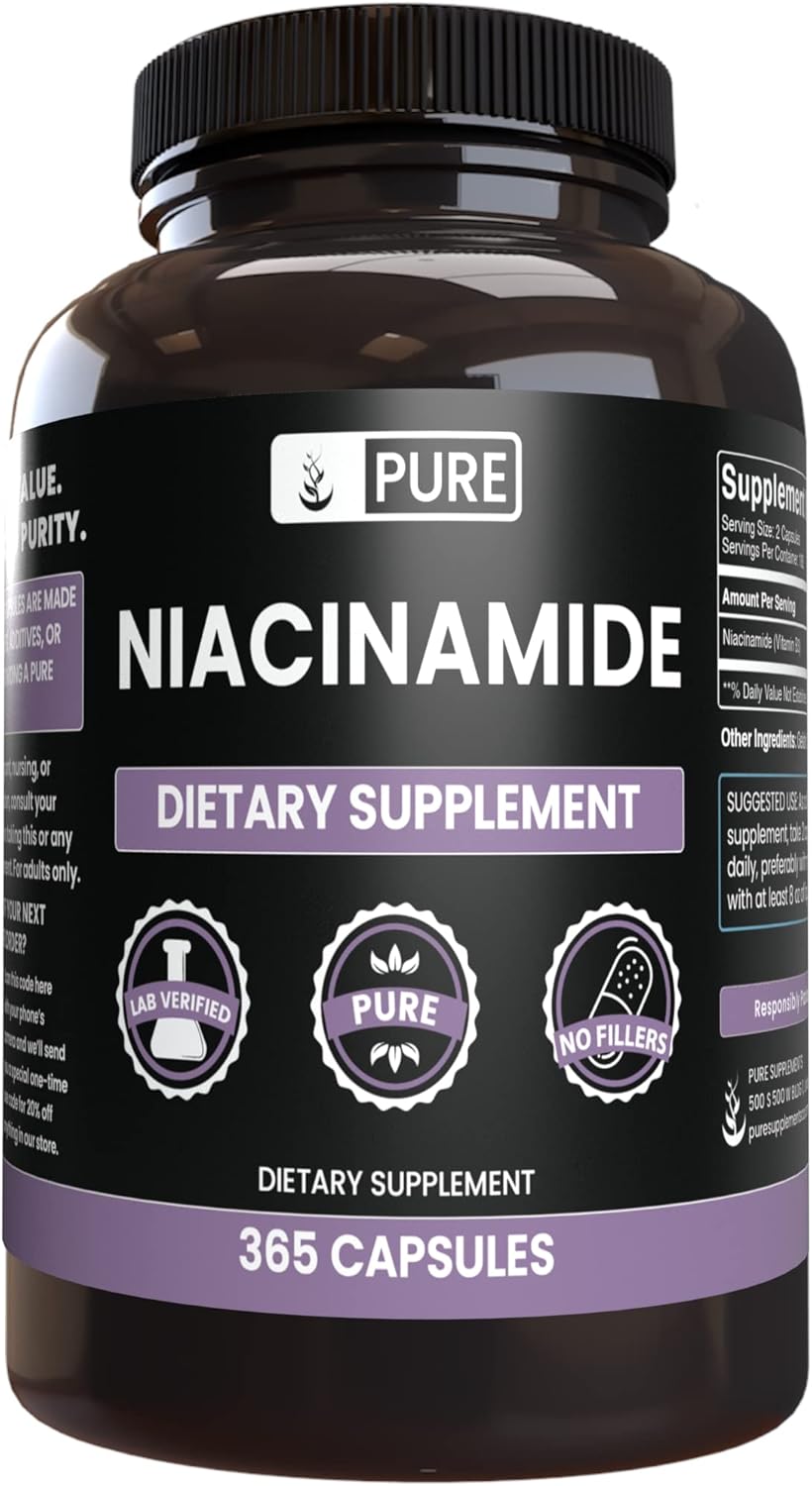 365 Capsules of Pure Niacinamide with Original Ingredients - No Magnesium or Rice Fillers - Lab Verified
