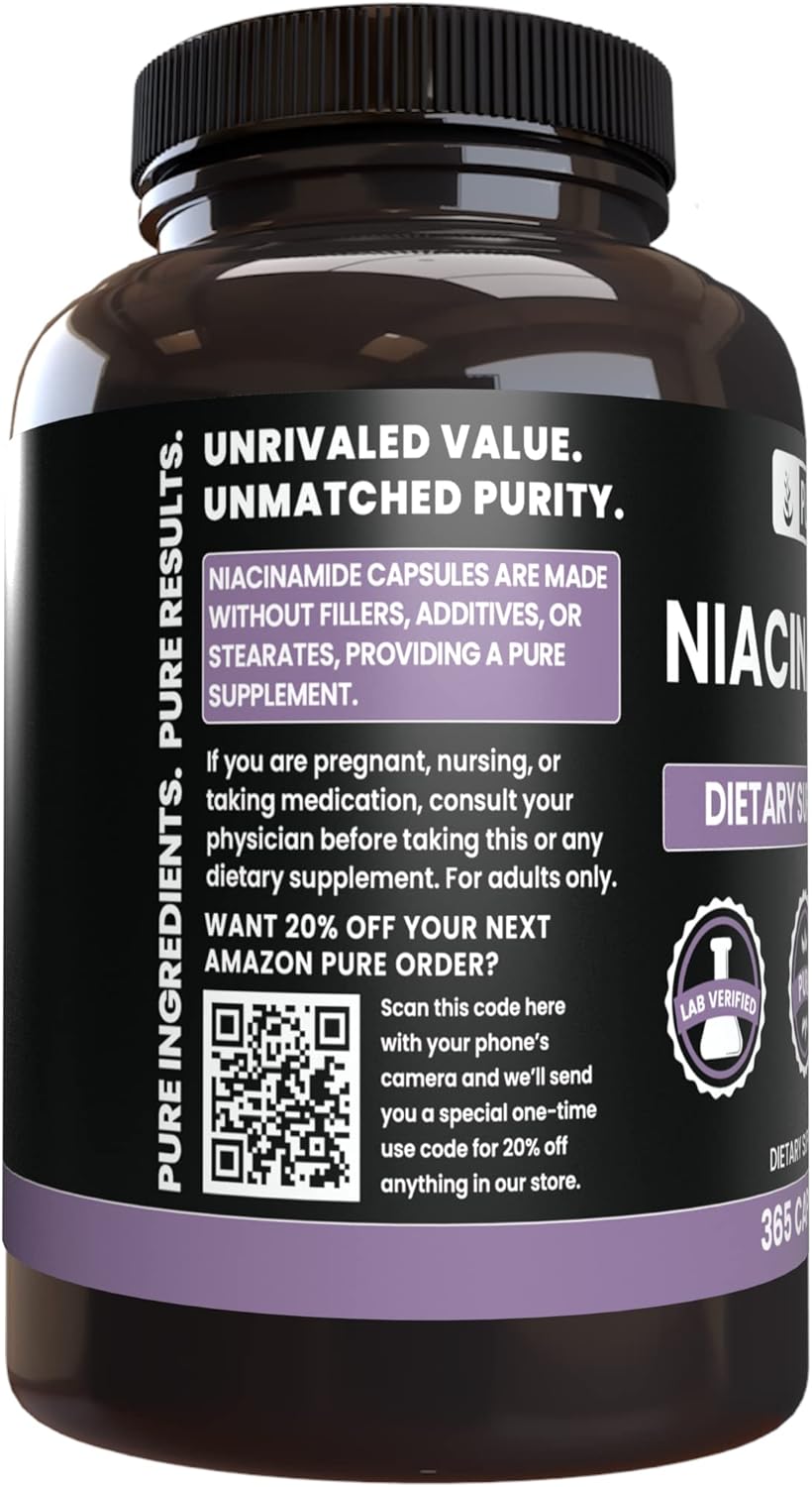 365 Capsules of Pure Niacinamide with Original Ingredients - No Magnesium or Rice Fillers - Lab Verified