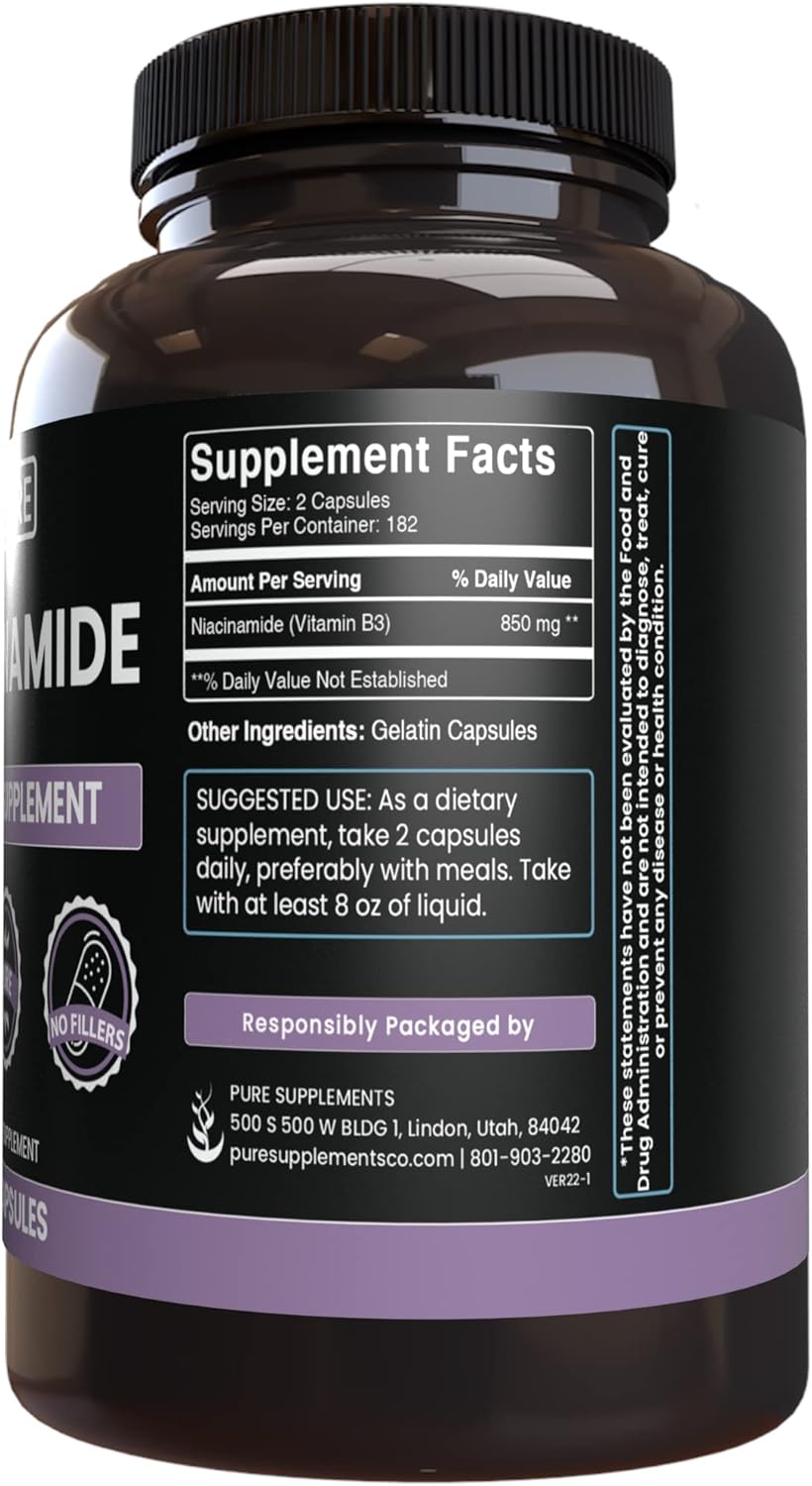 365 Capsules of Pure Niacinamide with Original Ingredients - No Magnesium or Rice Fillers - Lab Verified