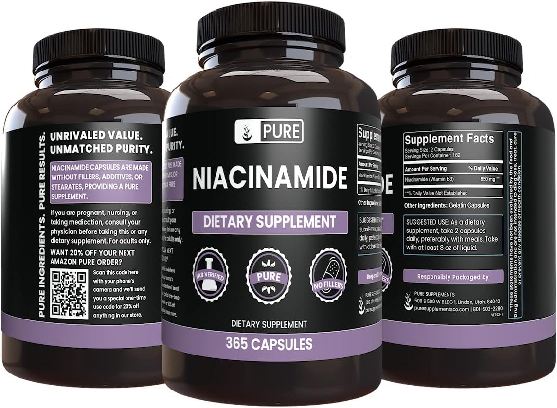 365 Capsules of Pure Niacinamide with Original Ingredients - No Magnesium or Rice Fillers - Lab Verified