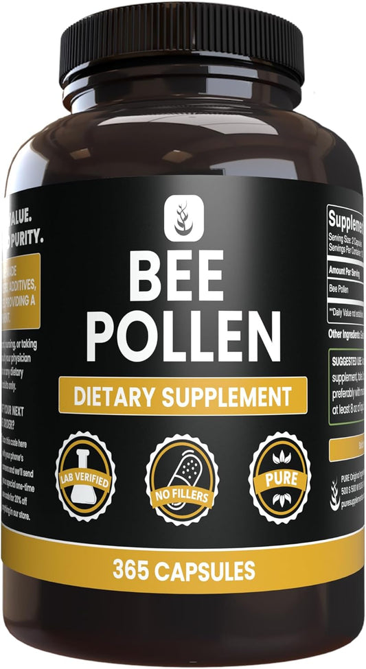 365 Capsules of Pure Original Bee Pollen with No Magnesium or Rice Fillers, Lab Verified Quality