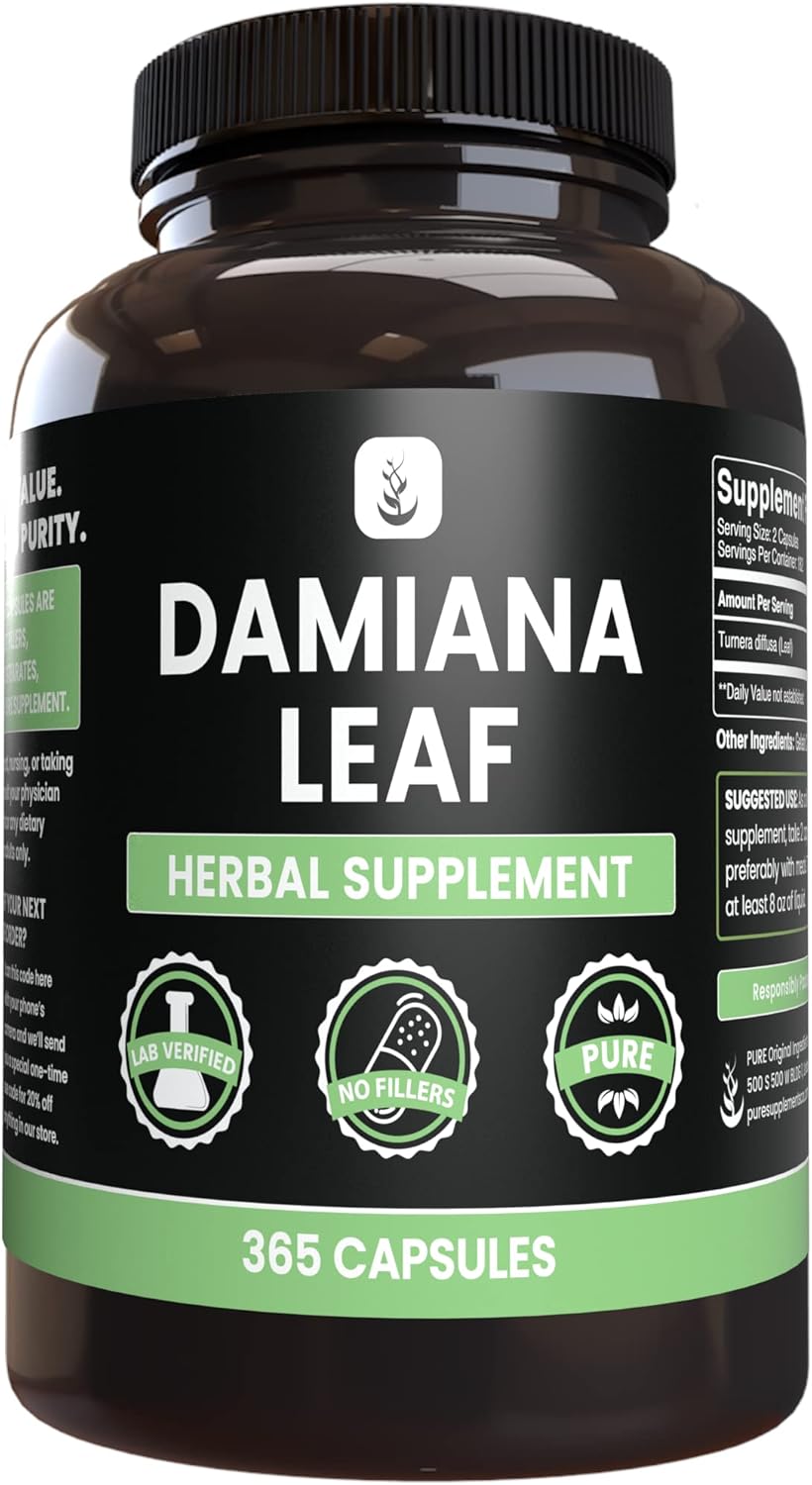 365 Capsules of Pure Original Damiana Leaf - No Magnesium or Rice Fillers