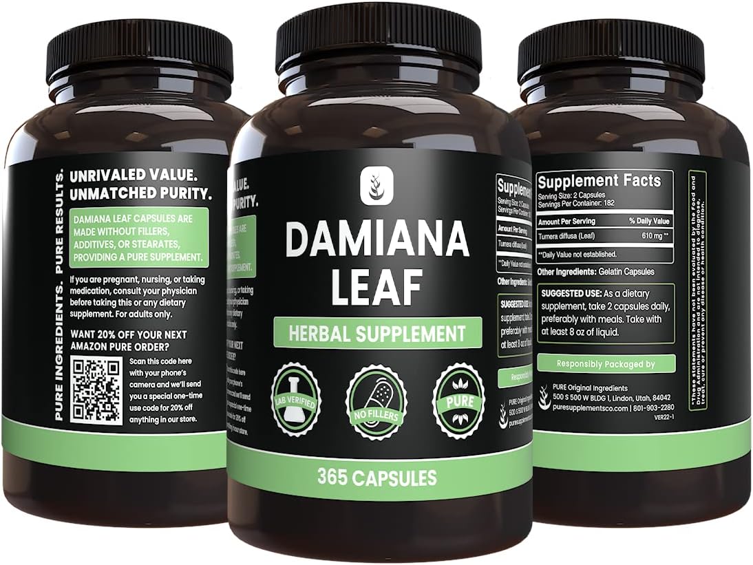 365 Capsules of Pure Original Damiana Leaf - No Magnesium or Rice Fillers