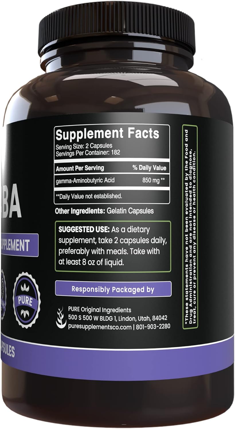 365 Capsules of Pure Original GABA Supplement - No Magnesium or Rice Fillers - Lab Verified Quality