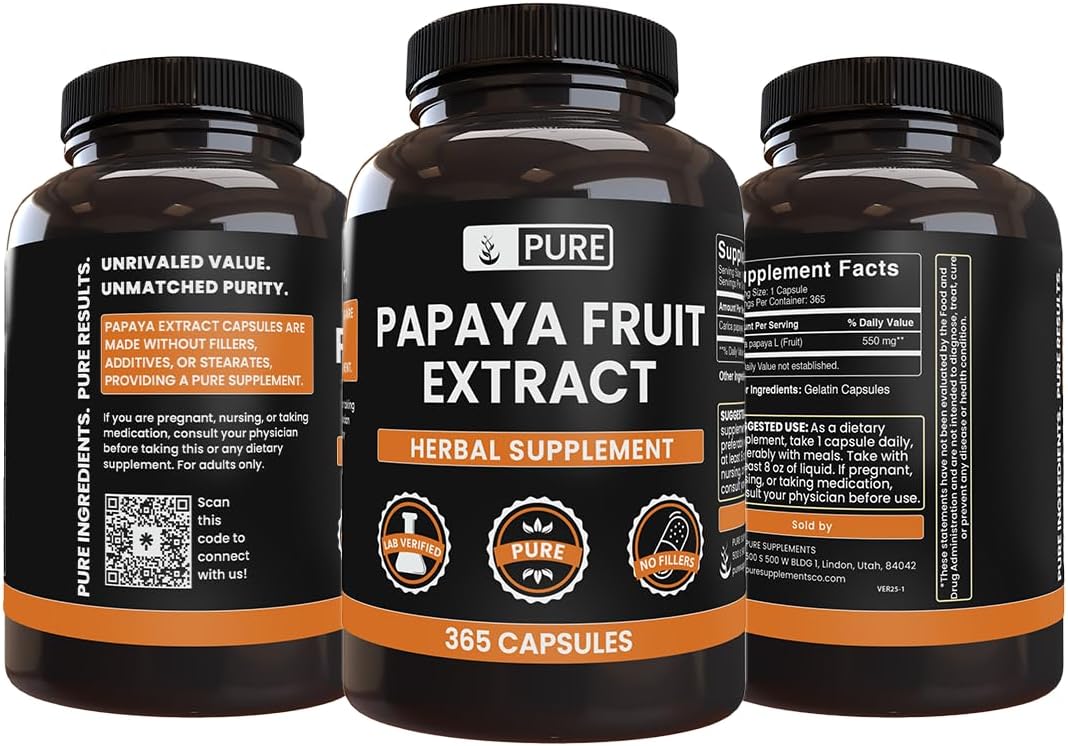 365 Capsules of Pure Papaya Extract with No Magnesium or Rice Fillers - Lab Verified