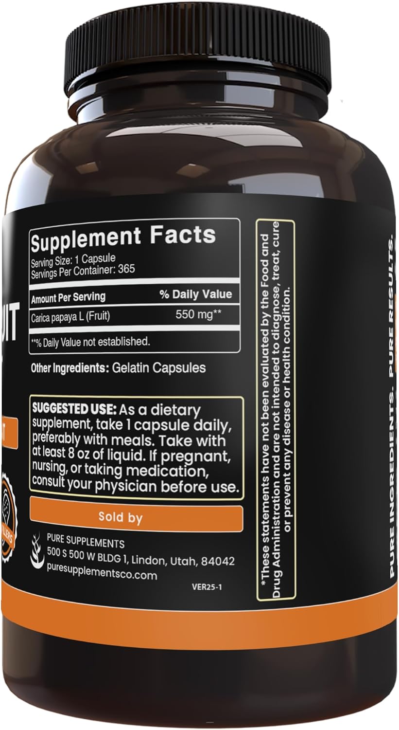 365 Capsules of Pure Papaya Extract with No Magnesium or Rice Fillers - Lab Verified