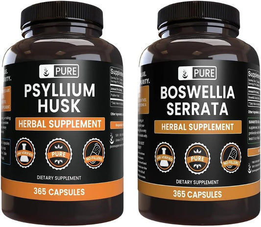 365 Capsules of Pure Psyllium Husk and Boswellia Serrata Bundle, Lab Verified and Always Pure