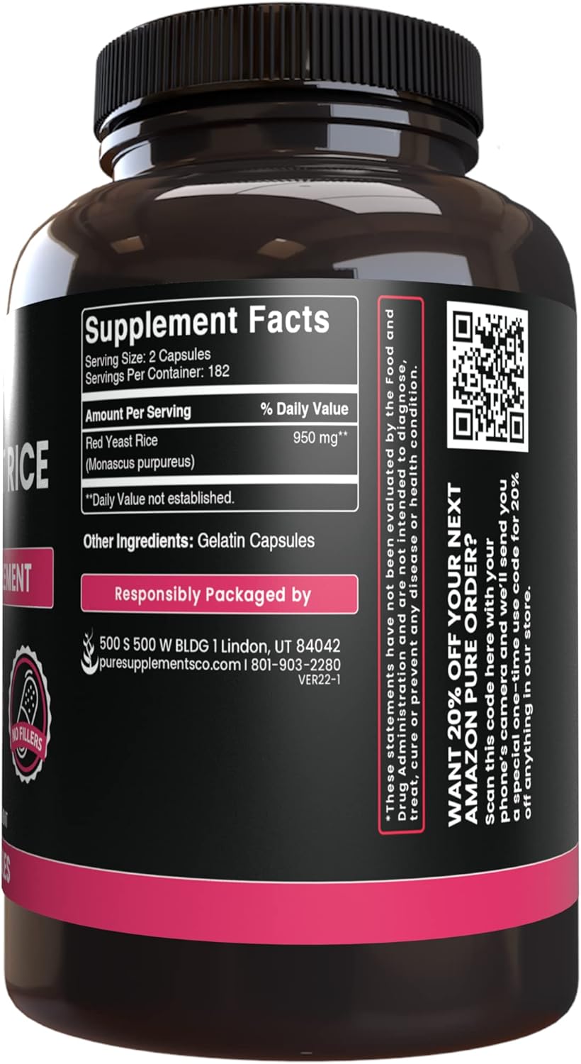 365 Capsules of Pure Red Yeast Rice - No Fillers, Lab Verified