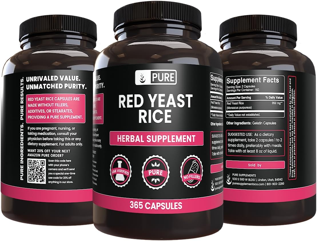 365 Capsules of Pure Red Yeast Rice with No Magnesium or Rice Fillers - Lab Verified and Always Pure