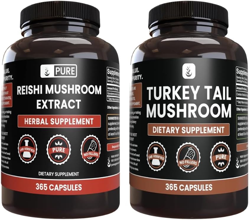 365 Capsules of Pure Reishi and Turkey Tail Mushroom Bundle, No Additives or Fillers, Always Original Ingredients