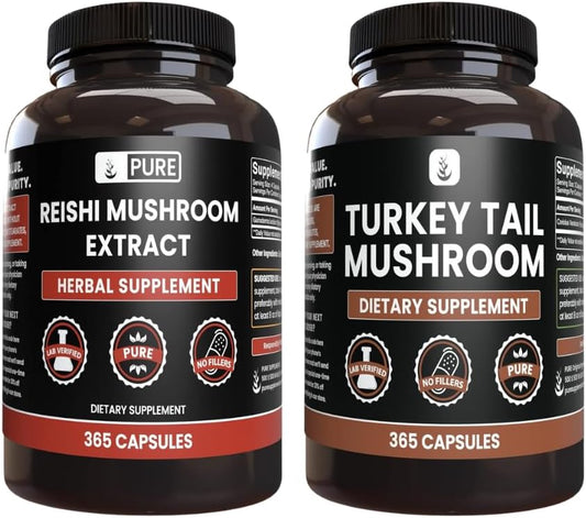 365 Capsules of Pure Reishi and Turkey Tail Mushroom Bundle, No Additives or Fillers, Always Original Ingredients