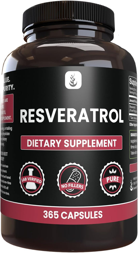 365 Capsules of Pure Resveratrol with Lab Verified Original Ingredients, No Fillers