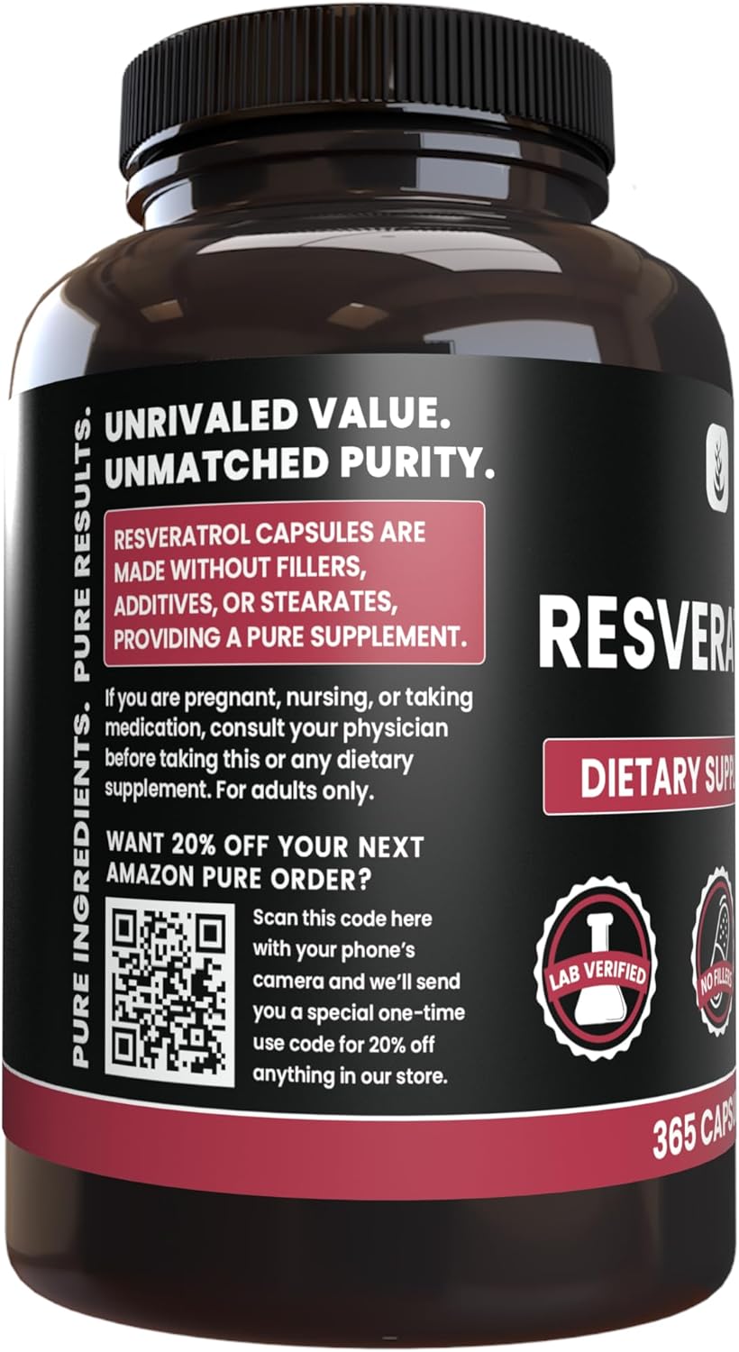 365 Capsules of Pure Resveratrol with Lab Verified Original Ingredients, No Fillers
