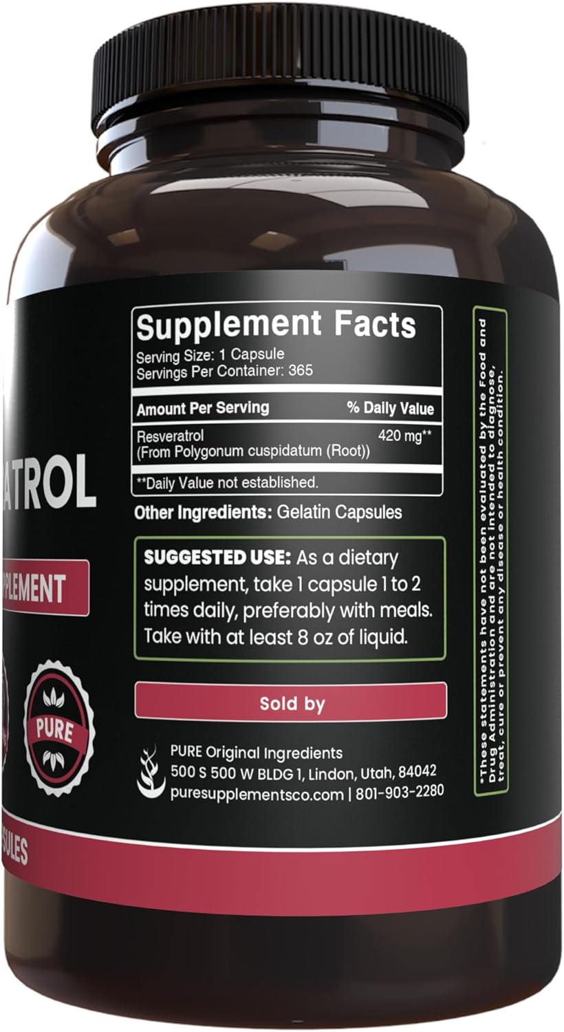 365 Capsules of Pure Resveratrol with Lab Verified Original Ingredients, No Fillers