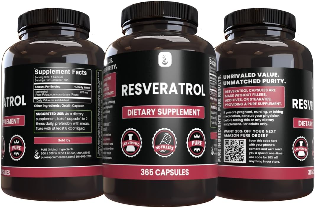 365 Capsules of Pure Resveratrol with Lab Verified Original Ingredients, No Fillers