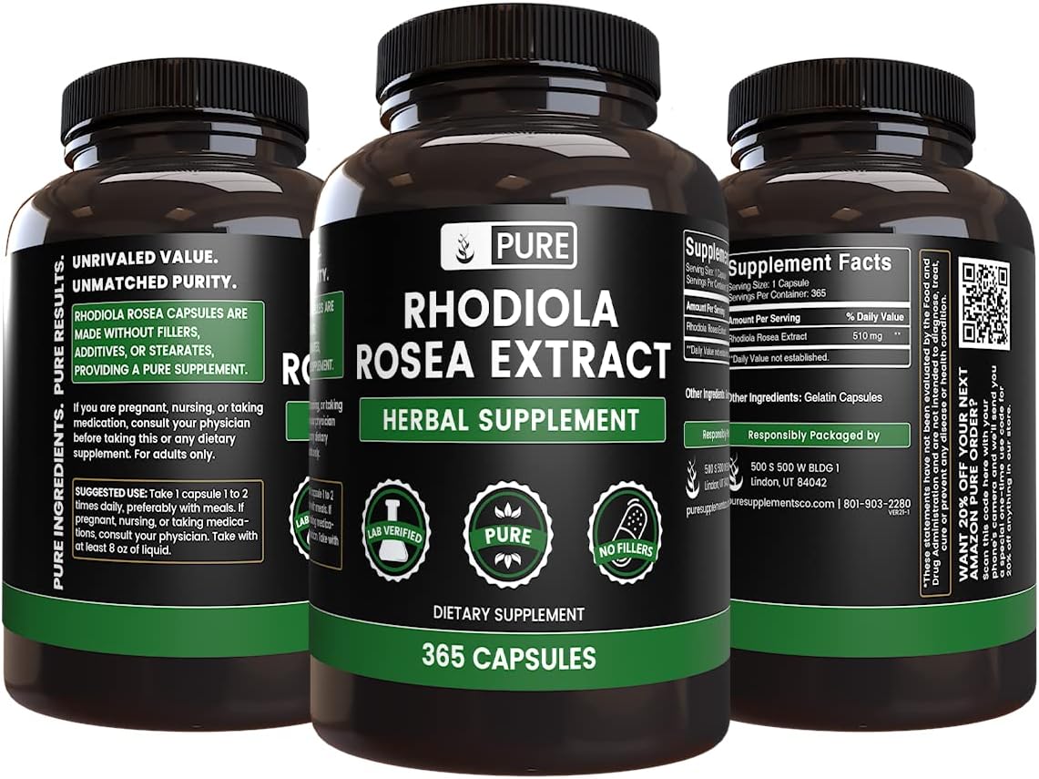 365 Capsules of Pure Rhodiola Rosea with Original Ingredients - No Magnesium or Rice Fillers, Lab Verified