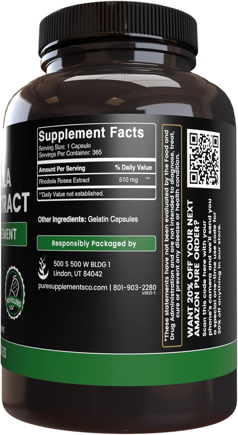 365 Capsules of Pure Rhodiola Rosea with Original Ingredients - No Magnesium or Rice Fillers, Lab Verified