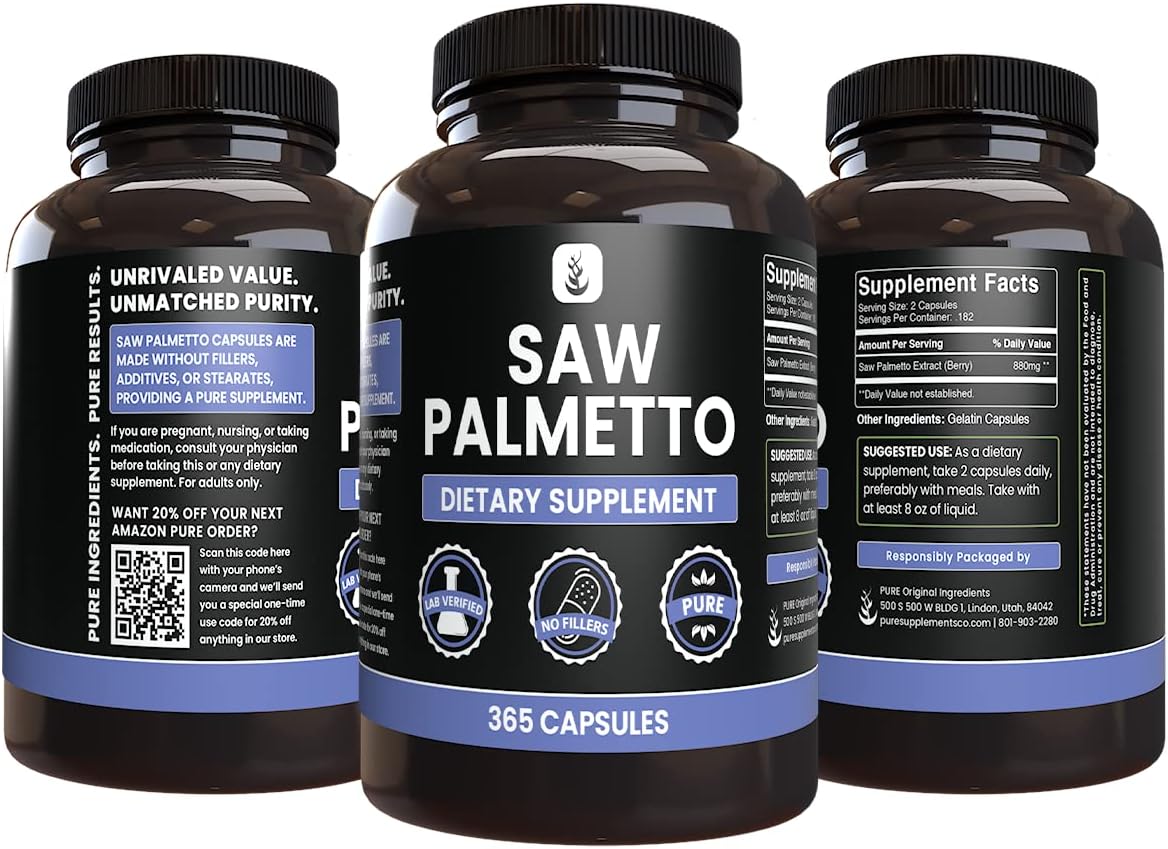 365 Capsules of Pure Saw Palmetto with Original Ingredients, Lab Verified - No Magnesium or Rice Fillers