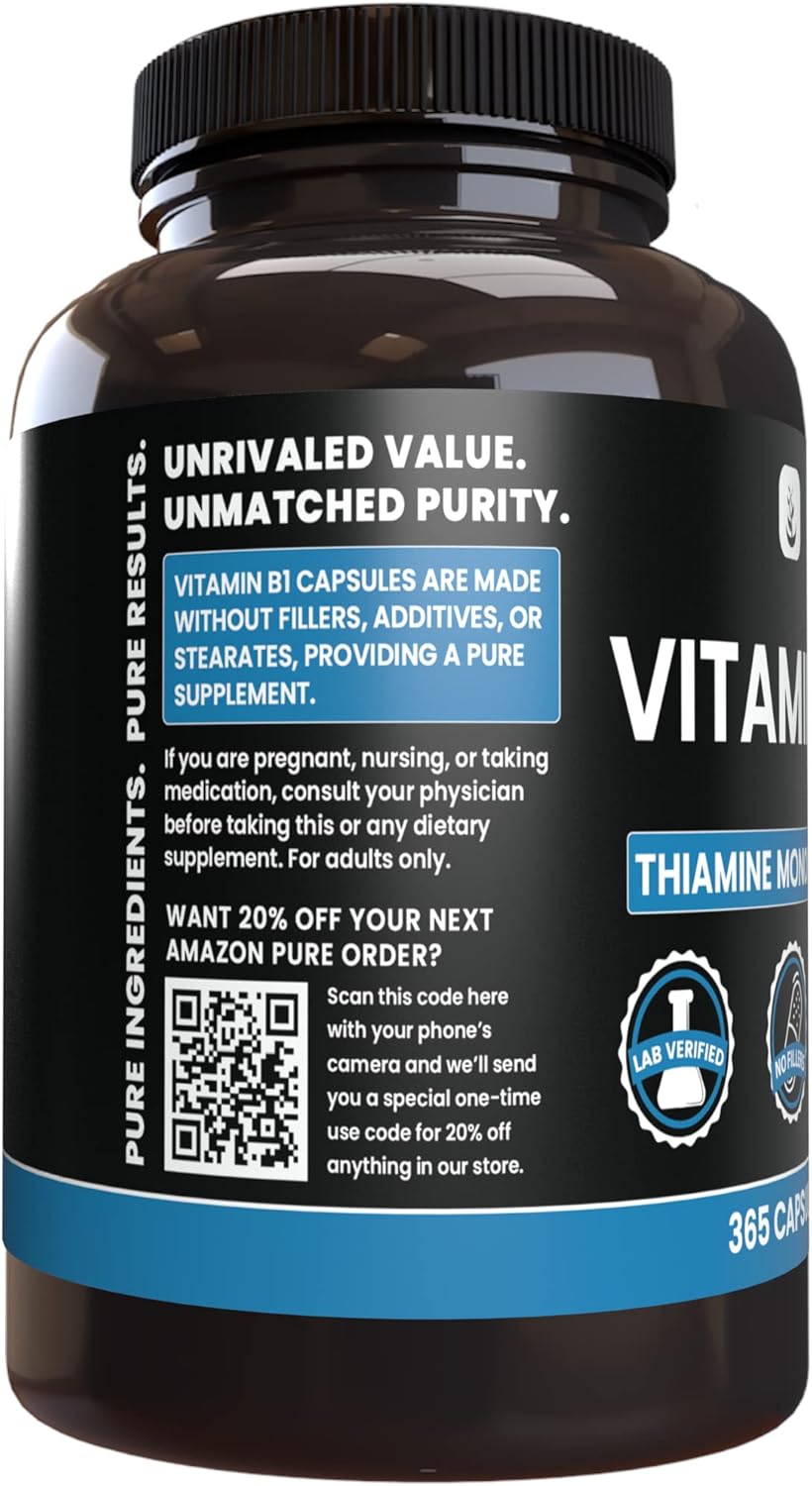 365 Capsules of Pure Thiamine Mononitrate (Vitamin B1) - No Magnesium or Rice Fillers - Lab Verified Quality