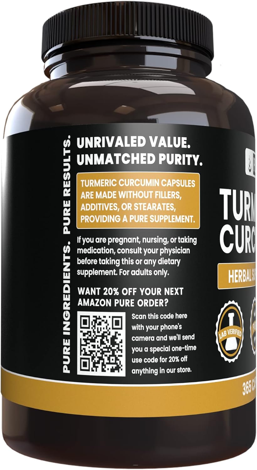 365 Capsules of Pure Turmeric Curcumin - No Magnesium or Rice Fillers - Lab Verified Original Ingredients