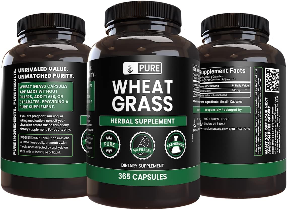 365 Capsules of Pure Wheat Grass with No Magnesium or Rice Fillers - Lab Verified & Always Pure