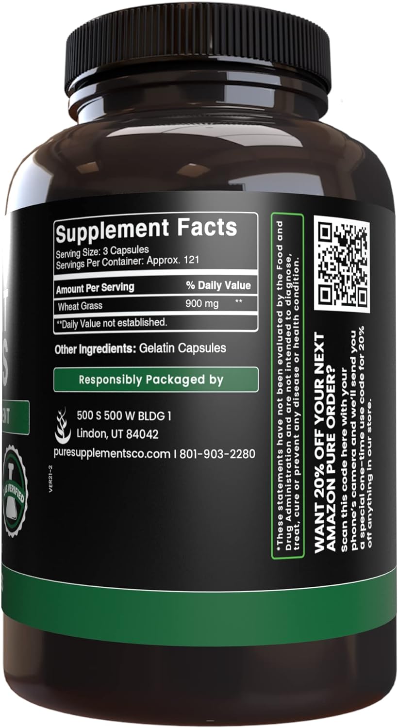 365 Capsules of Pure Wheat Grass with No Magnesium or Rice Fillers - Lab Verified & Always Pure