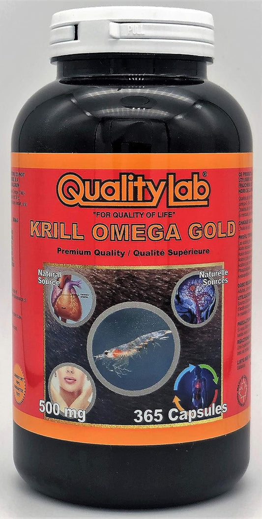 365 Capsules of QUALITYLAB Krill Oil Omega Gold 500 mg - Canadian Made Omega-3 Supplement