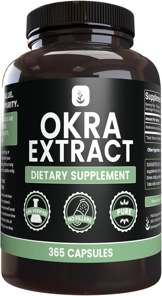 365 Capsules Pure Okra Extract - No Magnesium or Rice Fillers - Lab Verified Quality