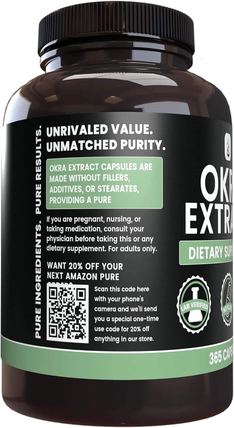 365 Capsules Pure Okra Extract - No Magnesium or Rice Fillers - Lab Verified Quality