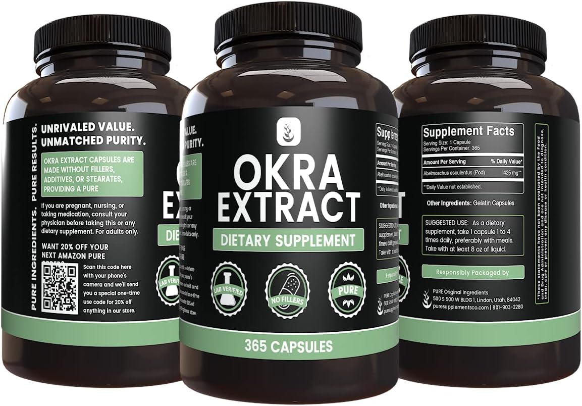365 Capsules Pure Okra Extract - No Magnesium or Rice Fillers - Lab Verified Quality
