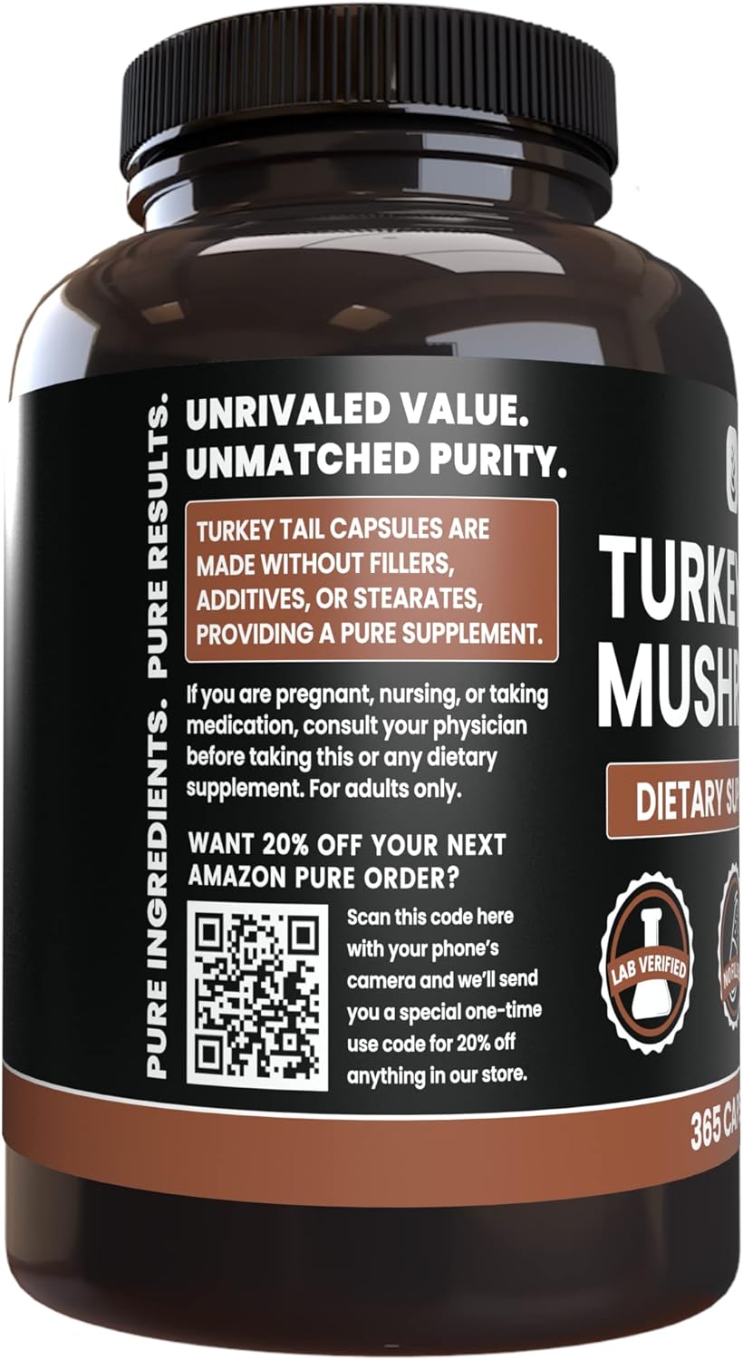 365 Capsules Pure Turkey Tail Mushroom - No Magnesium or Rice Fillers - Lab Verified