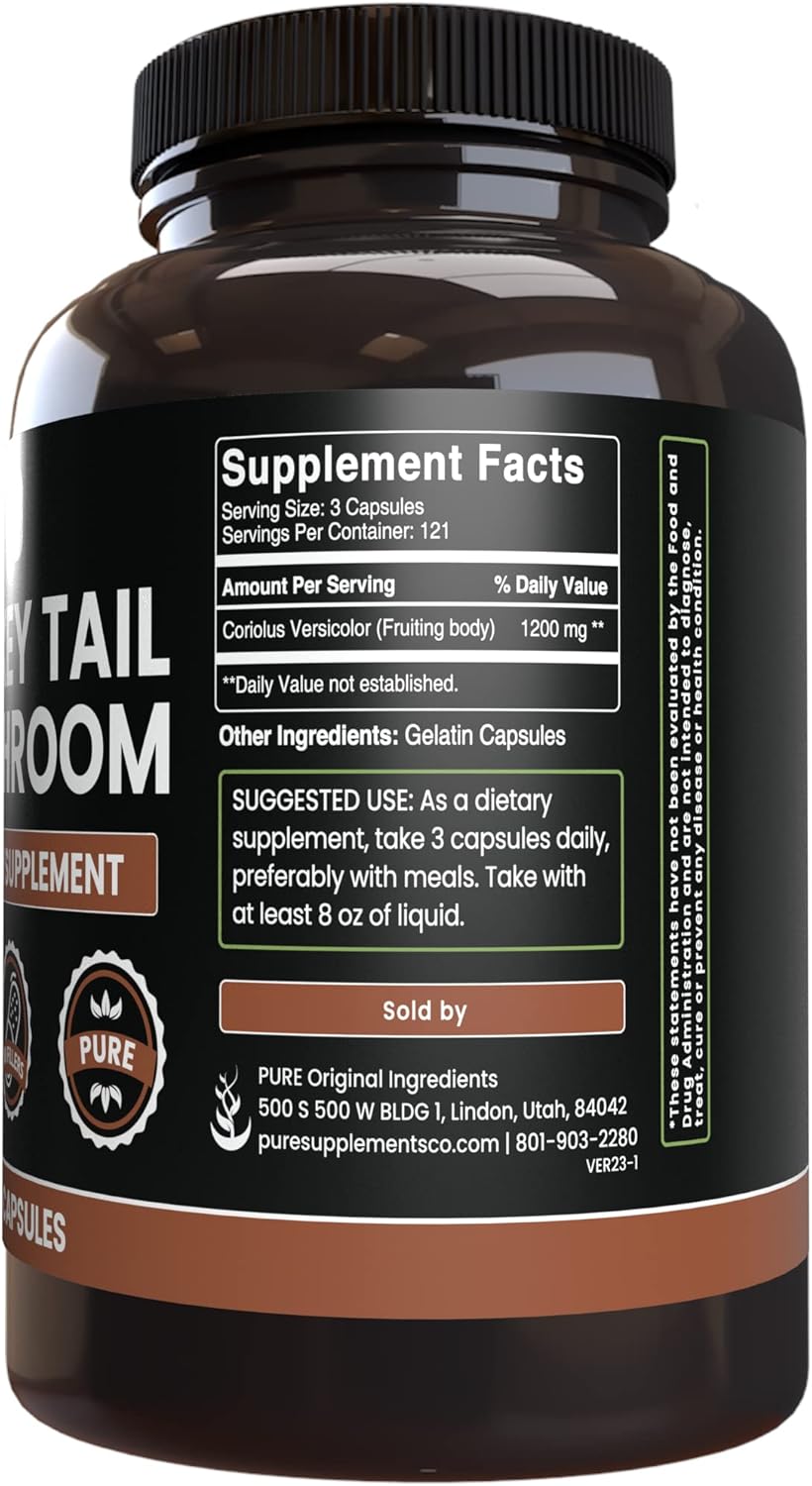 365 Capsules Pure Turkey Tail Mushroom - No Magnesium or Rice Fillers - Lab Verified