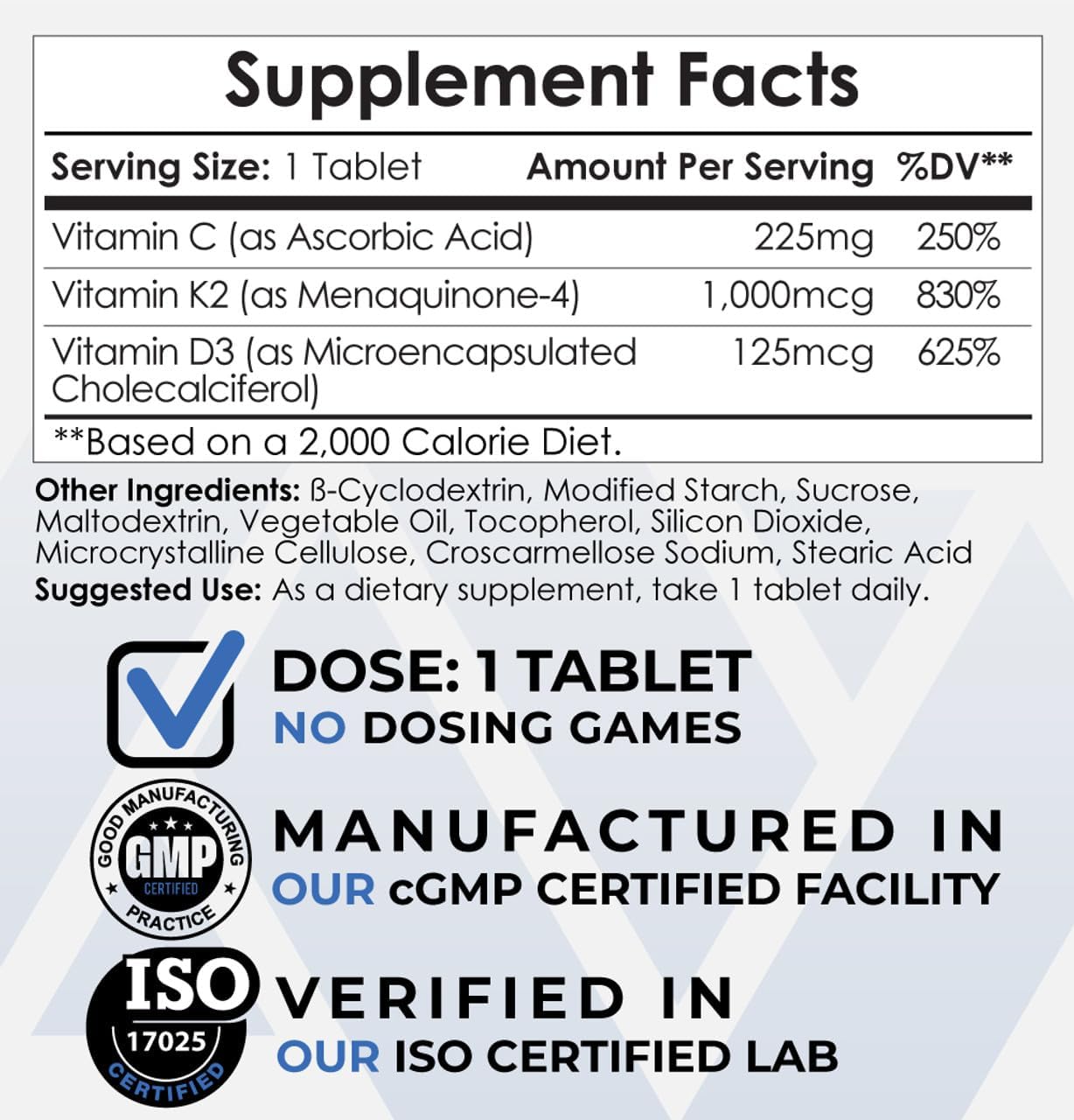 365 Count Nootropics Depot Vitamin D3 + K2 with Vitamin C Tablets for Mood, Bone Health & Calcium Absorption