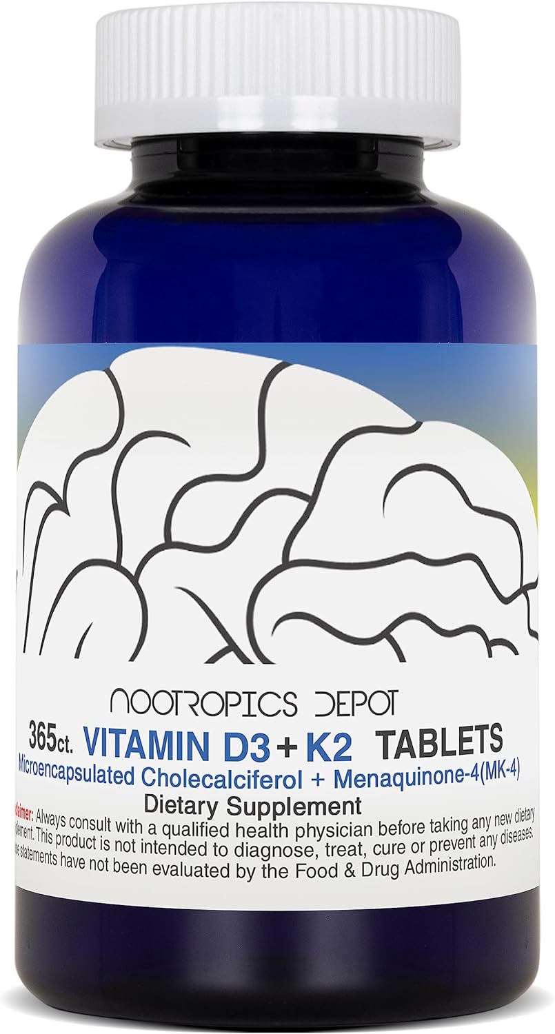 365 Count Nootropics Depot Vitamin D3 + K2 with Vitamin C Tablets for Mood, Bone Health & Calcium Absorption
