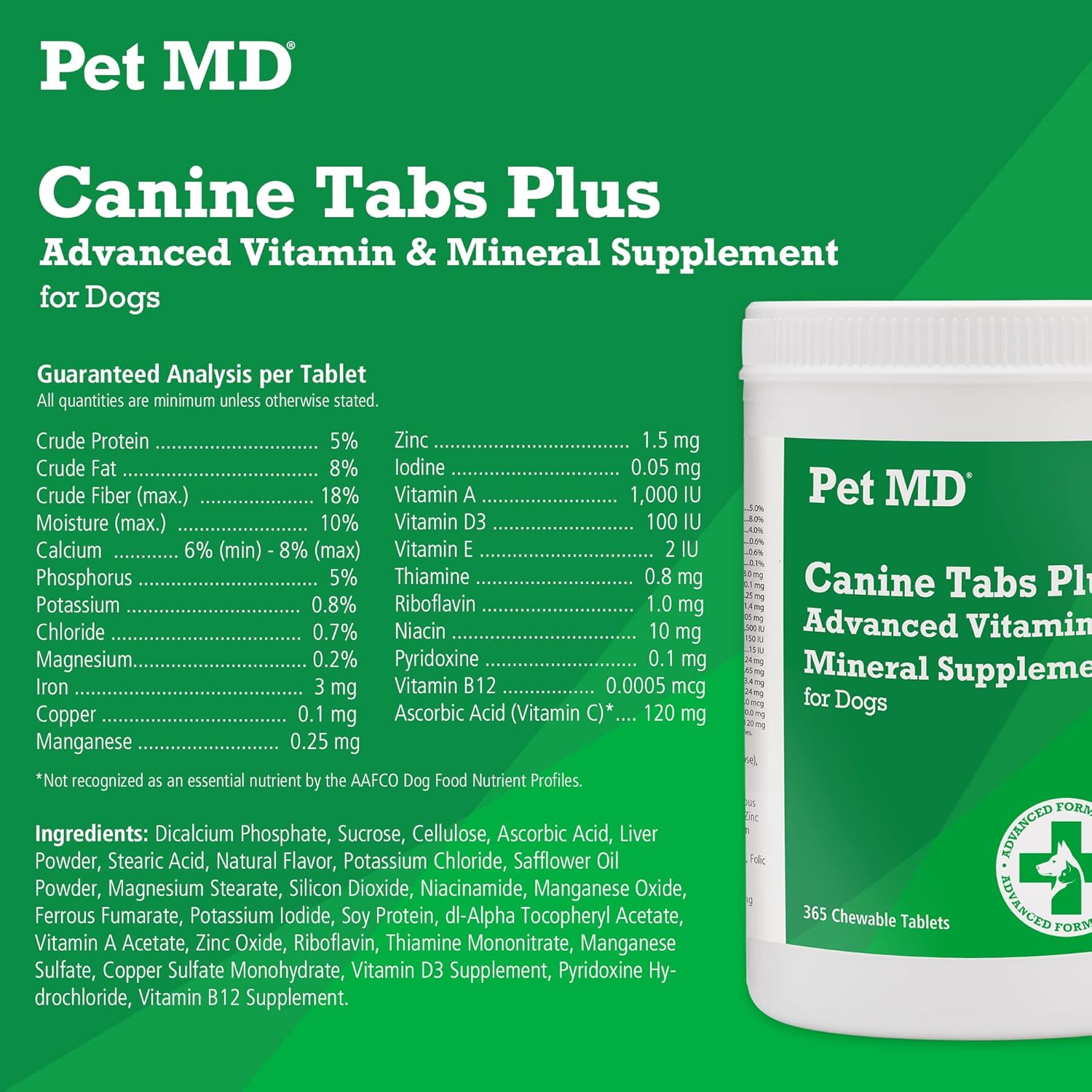 365 Count Pet MD Canine Tabs Plus - Liver Flavored Chewable Tablets - Natural Daily Multivitamin Supplement for Dogs - Advanced Multivitamins for Health
