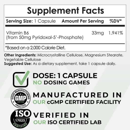 365 Count Pyridoxal-5'- Phosphate (P5P) 50mg Capsules, Vitamin B6 Active Form | Nootropics Depot