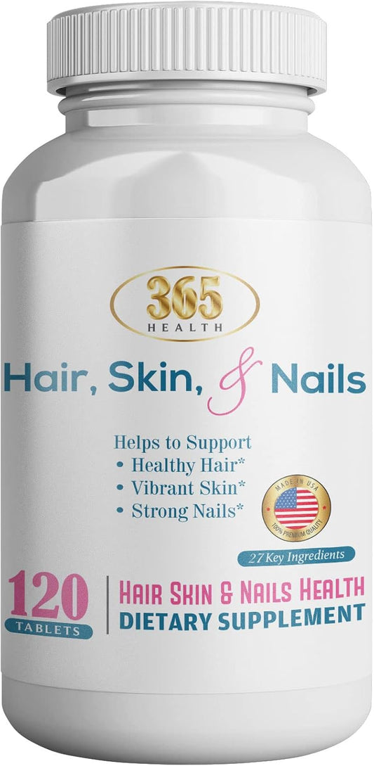 365 Health Skin, Nails & Hair Support - Advanced Formula with Collagen, Zinc, and Vitamin C - Vegan & Non GMO - 120 Tablets