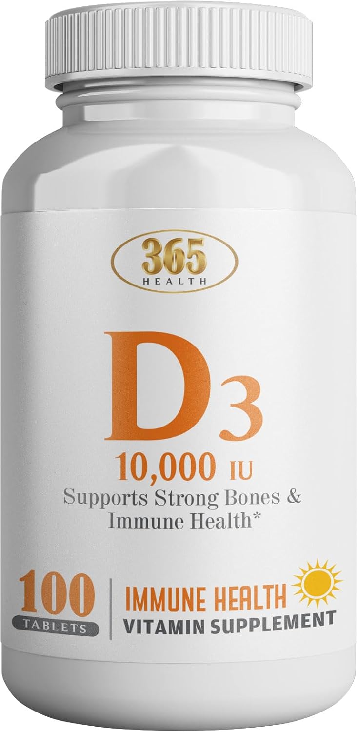 365 Health Vitamin D3 Cholecalciferol 250mcg Immune & Bone Support 10,000 IU Tablets - 100 Count Pack