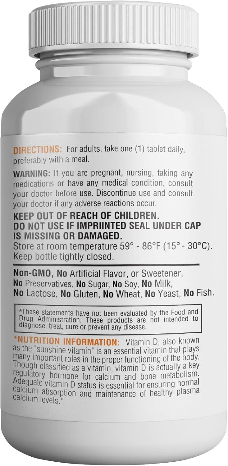 365 Health Vitamin D3 Cholecalciferol 250mcg Immune & Bone Support 10,000 IU Tablets - 100 Count Pack