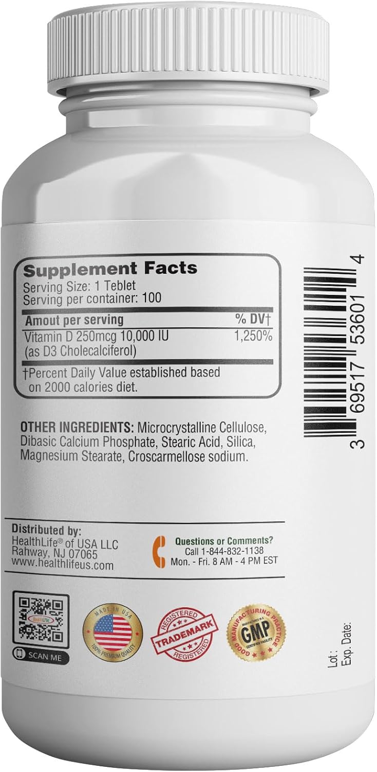 365 Health Vitamin D3 Cholecalciferol 250mcg Immune & Bone Support 10,000 IU Tablets - 100 Count Pack