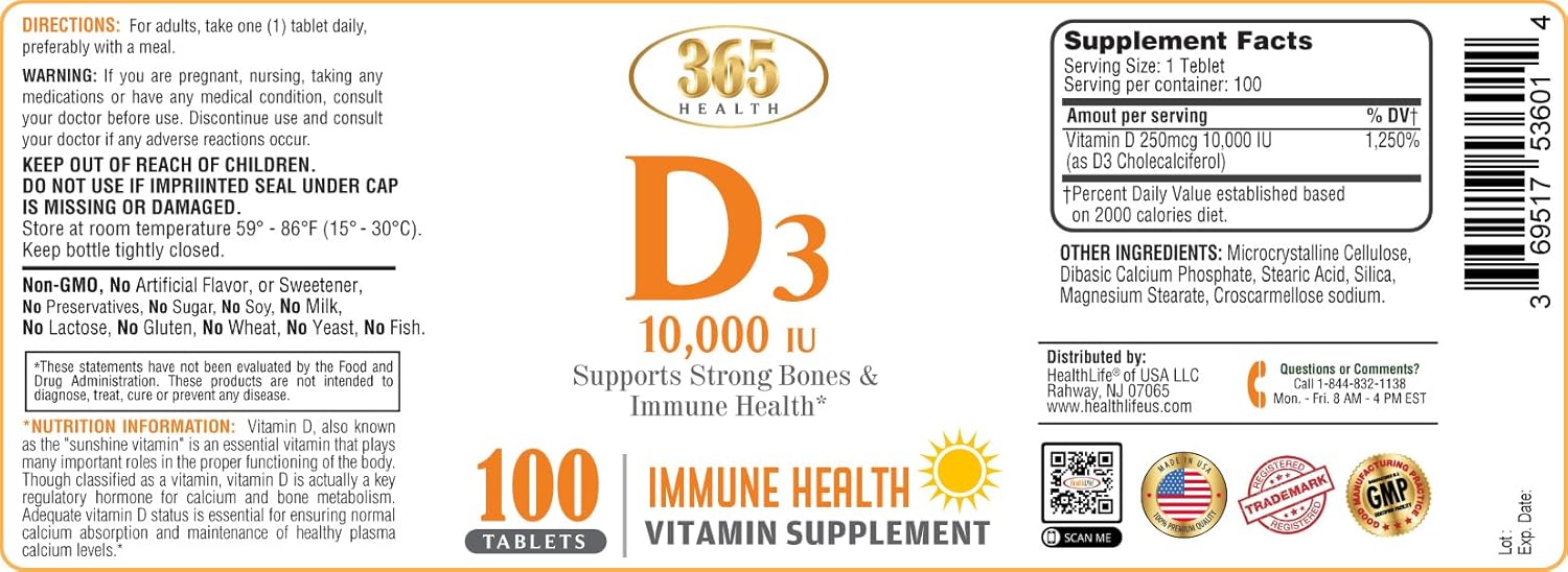 365 Health Vitamin D3 Cholecalciferol 250mcg Immune & Bone Support 10,000 IU Tablets - 100 Count Pack