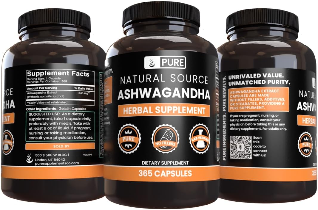 365 Pure Ashwagandha Capsules - No Magnesium or Rice Fillers, Lab Verified
